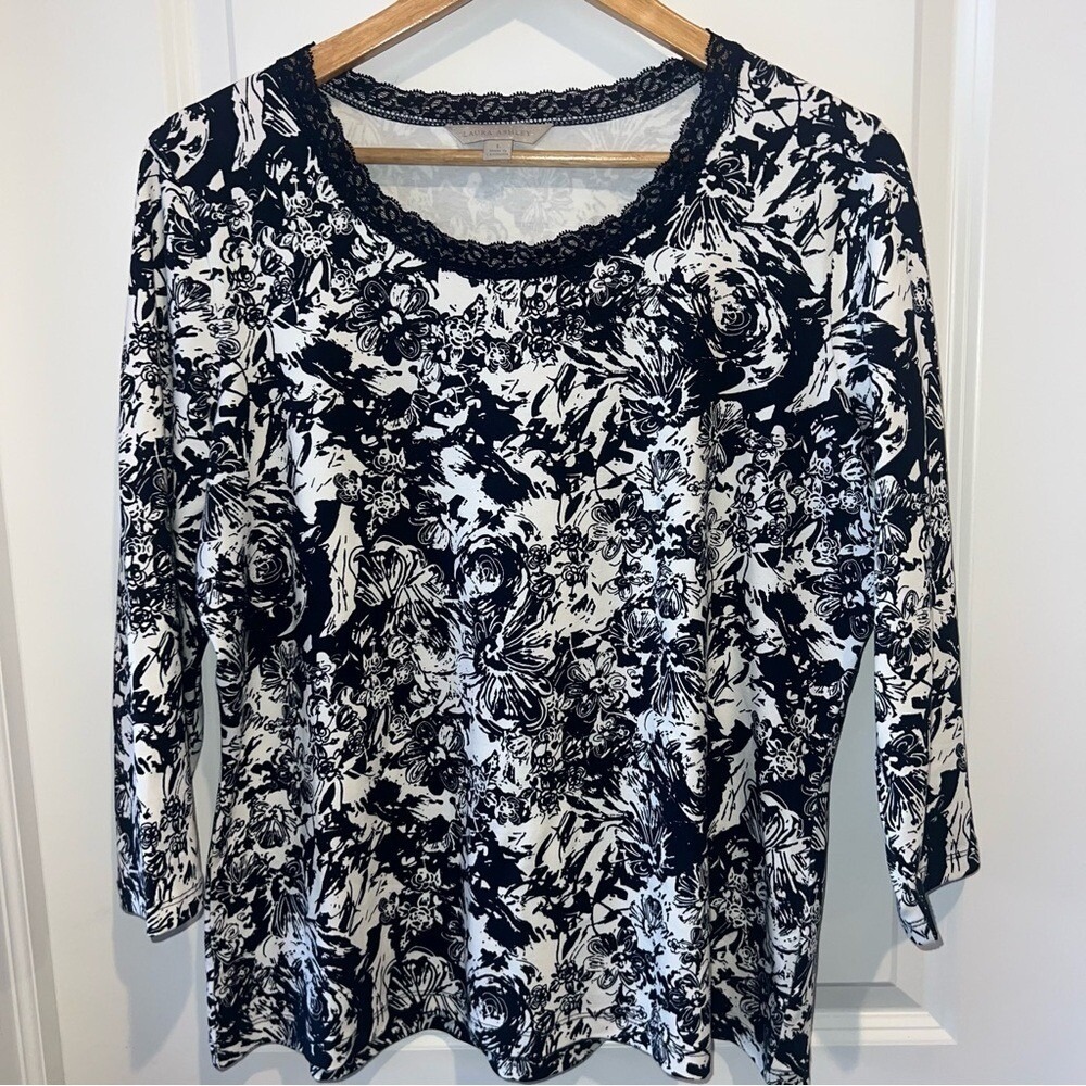 Laura Ashley Black and White Floral Lace-Trim Blouse